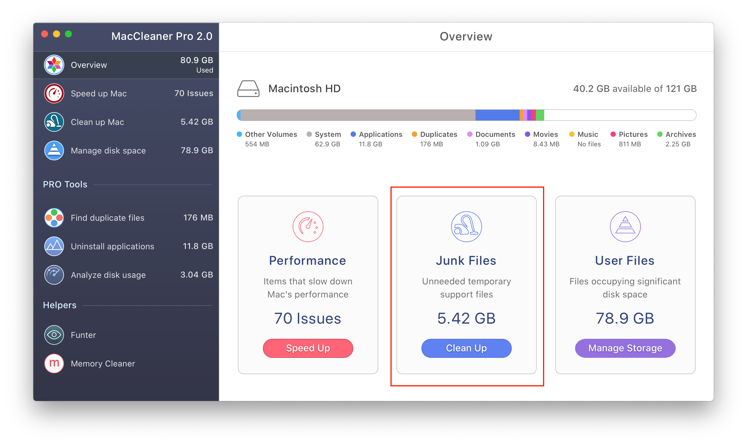 MacCleaner 应用程序显示垃圾文件