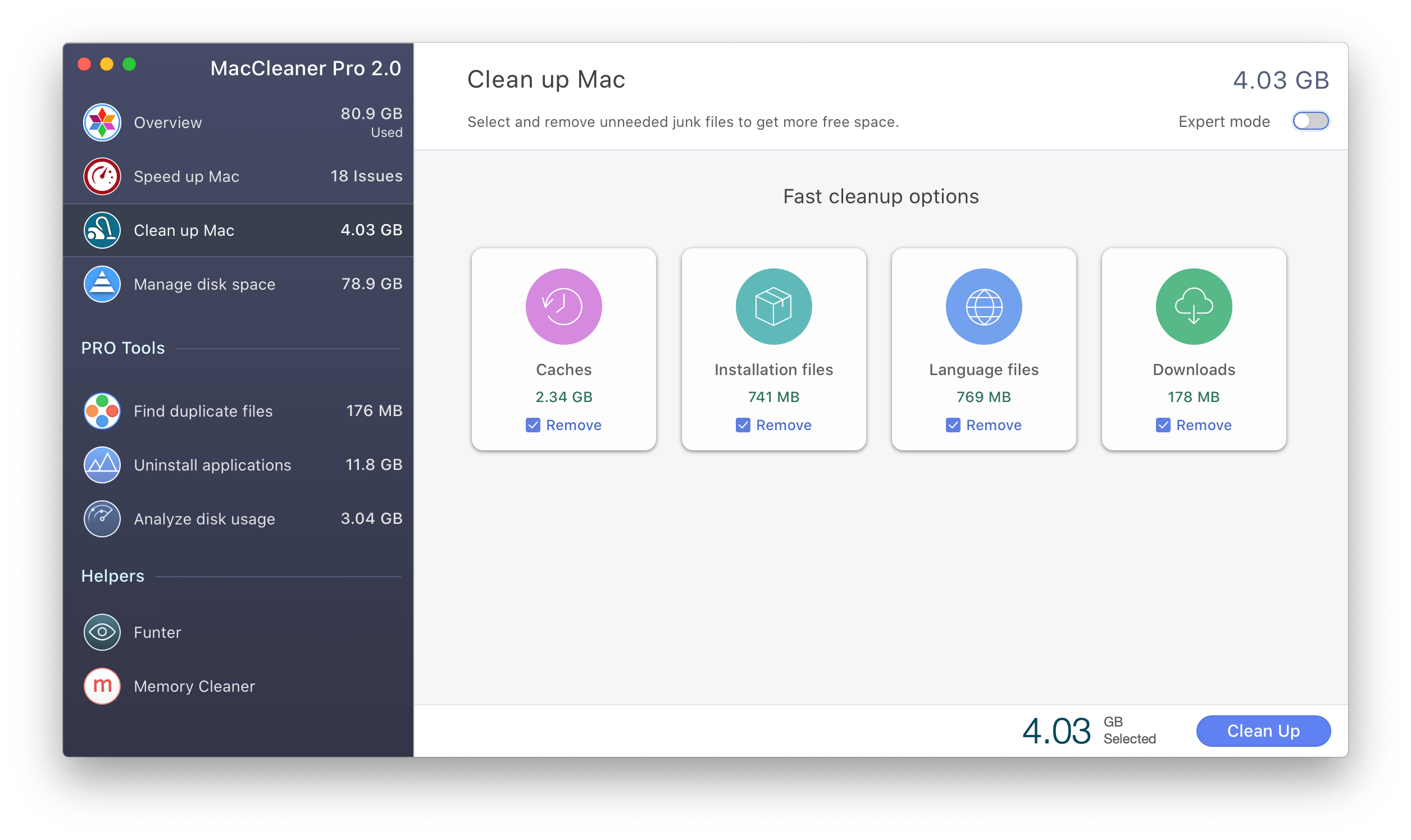 MacCleaner 应用程序显示快速清理选项