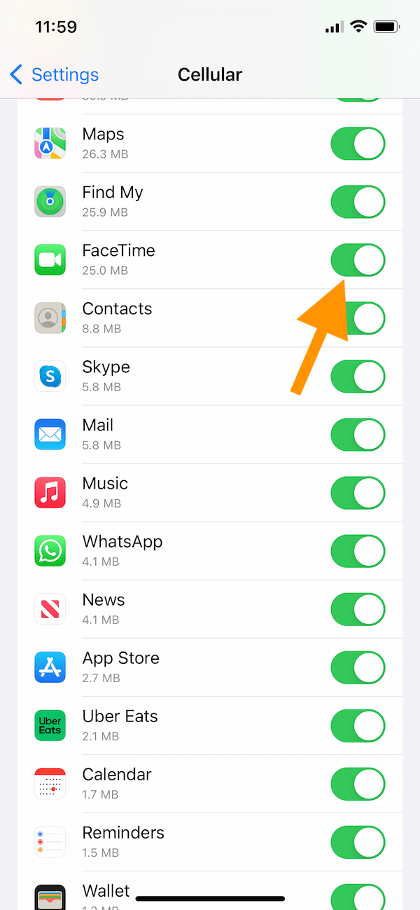 FaceTime 蜂窝网络设置