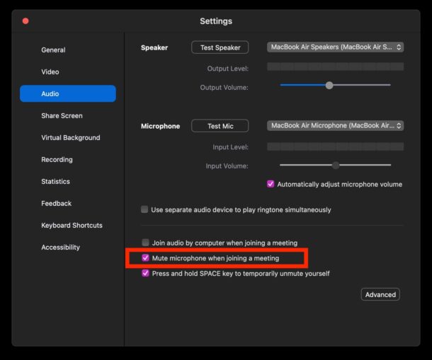 加入Zoom会议时自动将麦克风静音（苹果教程）