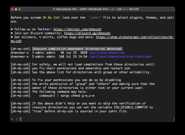 [oh-my-zsh]提示检测到不安全的完成相关目录，一键修复