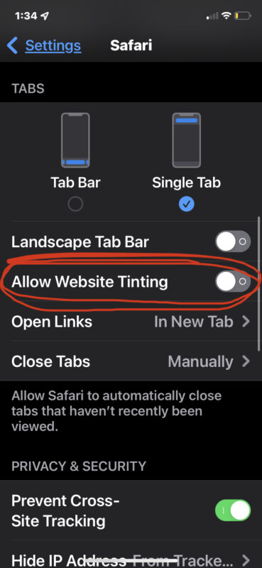如何在iPhone和iPad的Safari中关闭地址栏颜色效果