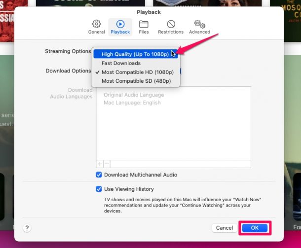 如何在Mac上更改AppleTV视频下载清晰度