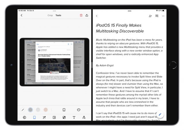 显示 PicSew（左）和 Google Docs（右）的拆分视图