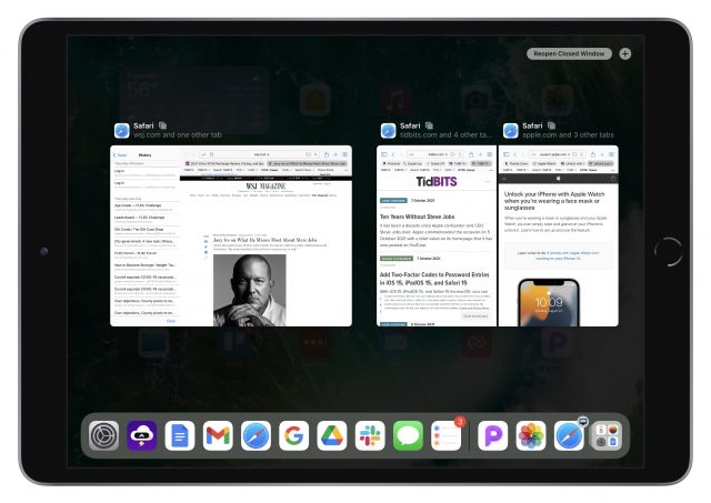 iPadOS 15 App Switcher 中的 Safari 窗口