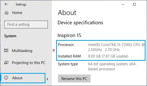 Windows 设置屏幕上的 RAM 信息