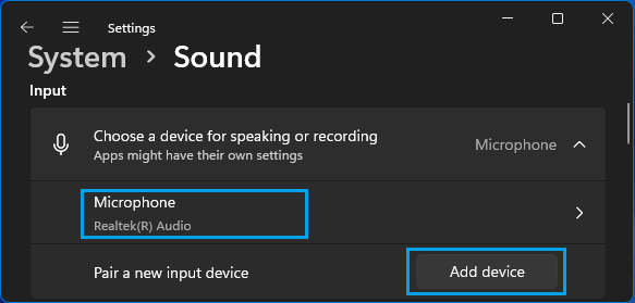 Windows 11 声音设置屏幕上列出的麦克风