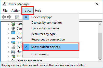 在 Windows 设备管理器屏幕中显示隐藏设备选项