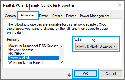 在 Windows 中禁用优先级和 VLAN