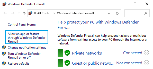 允许应用程序或功能通过 Windows Defender 防火墙