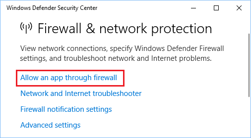 允许应用程序通过 Windows Defender 中的防火墙选项