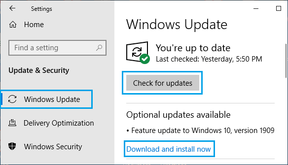 在 Windows 10 中检查更新选项
