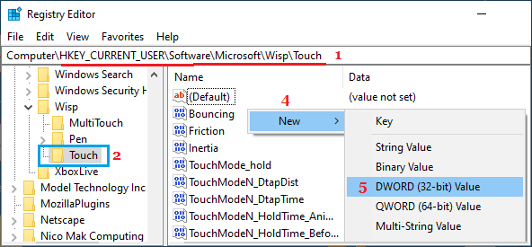在 Touch Registry 中创建新的 DWORD