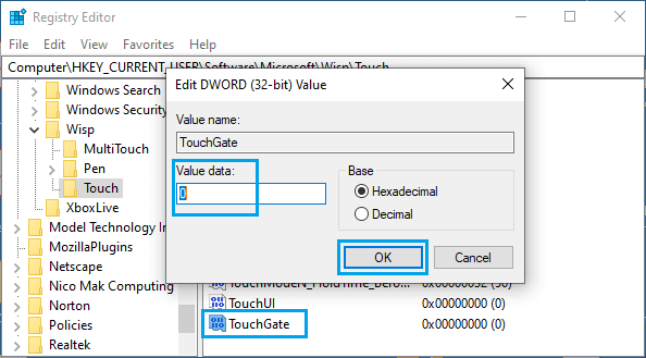 使用注册表禁用触摸屏