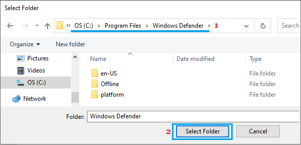 将 Windows Defender 文件夹添加到排除项