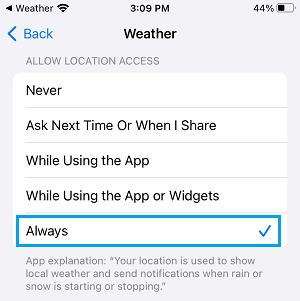 始终允许天气应用访问 iPhone 上的位置