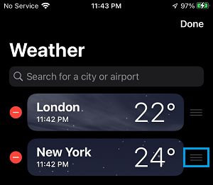 在 iPhone 天气 App 中重新排列城市