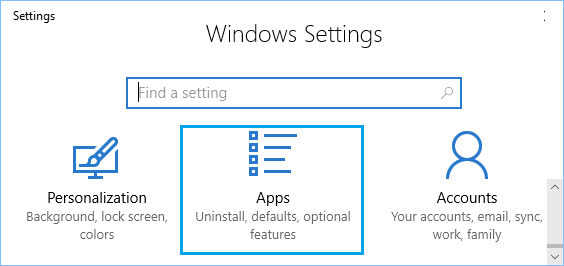 Windows 设置屏幕上的应用程序图标