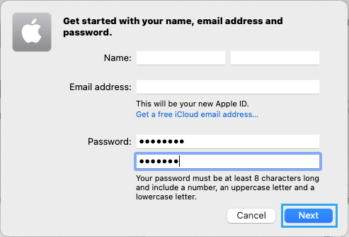 输入姓名、密码以创建 Apple ID