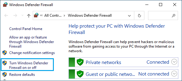 在控制面板中打开/关闭 Windows Defender 防火墙选项