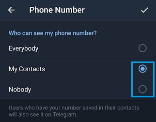 允许联系人或任何人查看 Telegram 中的电话号码