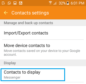 在 Android 手机上显示设置选项卡的联系人