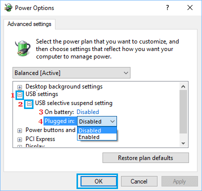 Windows 10 中的 USB 选择性暂停设置选项