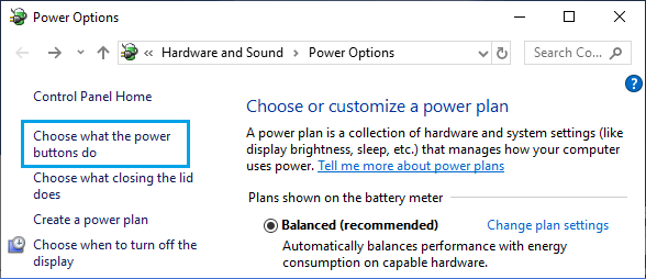 选择 Windows 中的电源按钮功能选项