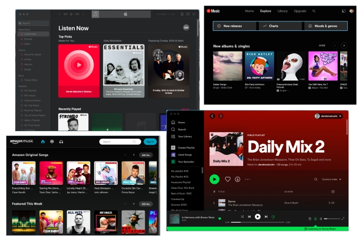 音乐流媒体服务的拼贴，包括 Apple Music、Spotify、Amazon Music 和 YouTube Music。