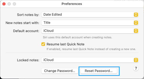 在 Mac 上的 Notes 应用程序中重置密码选项
