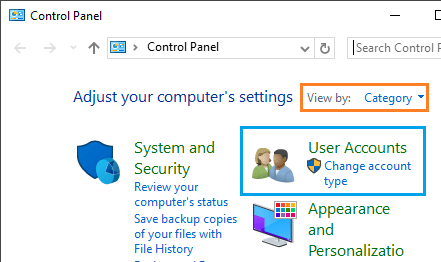 Windows 10 控制面板上的用户帐户选项卡