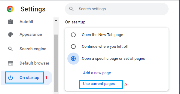 在 Google Chrome 的启动选项中打开当前页面