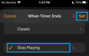 iPhone 时钟应用程序中的停止播放音乐设置选项