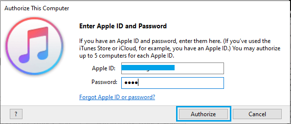 在 iTunes 上输入 Apple ID 和密码以授权 Windows PC