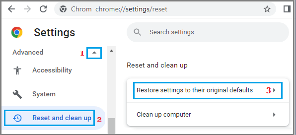 在 Google Chrome 中将设置恢复为默认选项