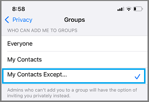在 WhatsApp 组设置中选择我的联系人除外选项