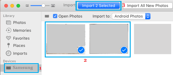 将所选照片从 Android 手机导入 Mac