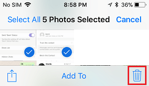 iPhone 照片应用程序中的删除选项
