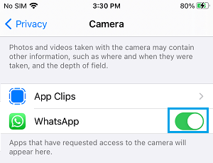 允许 WhatsApp 访问 iPhone 上的相机