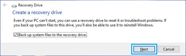 在 Windows 中创建恢复驱动器屏幕