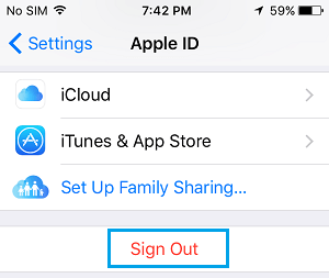 iPhone 上 Apple ID 屏幕中的注销选项