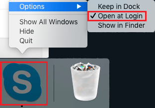 在 Mac 上的登录选项中保持 Skype 打开