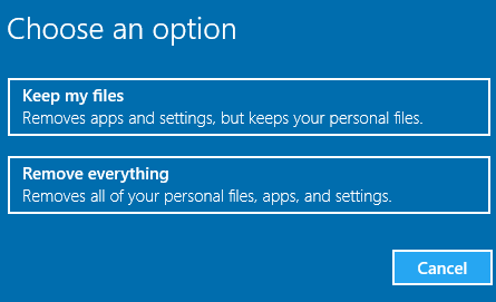 Windows 10 中的重置此电脑选项