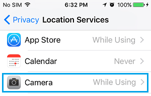 iPhone 定位服务屏幕中的相机图标