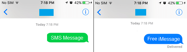 iPhone 上的蓝色 iMessage 和绿色 SMS 文本消息