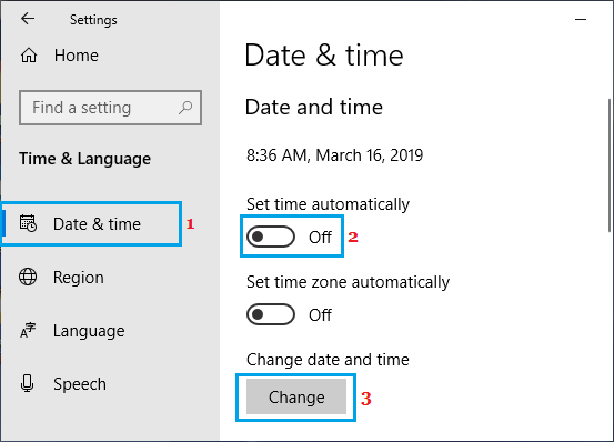 Windows 10 中的手动更改日期和时间选项