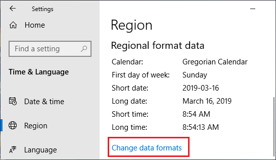 Windows 时间和语言屏幕上的更改数据格式选项