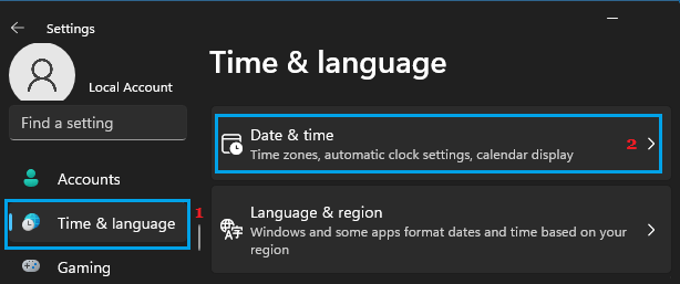 Windows 11 中的日期和时间设置选项