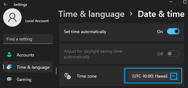 在 Windows 11 中选择时区选项