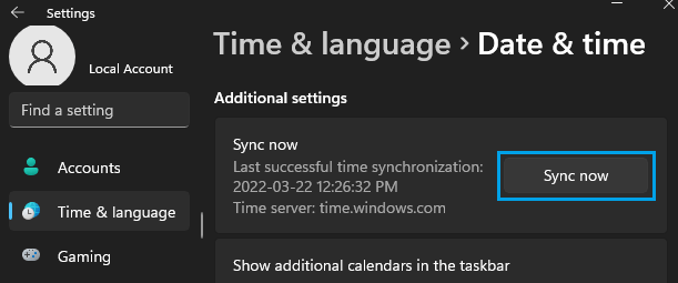 Windows 11 中的同步时间选项